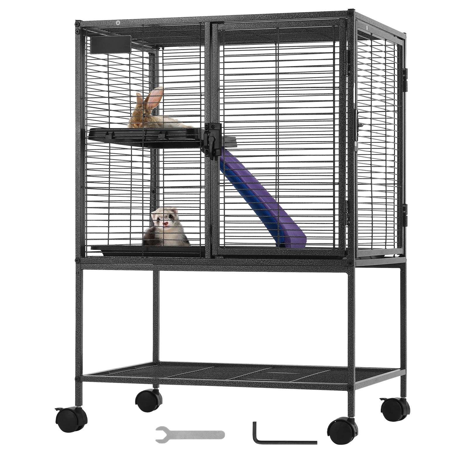 34" Metal Small Animal Cage 2-Tier Rolling Ferret Cage With Tray A Ramp_maomaolike.com